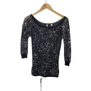 IISLI Black Silk Open Crochet Sequin Half Sleeve Top Goth Women's Size Small